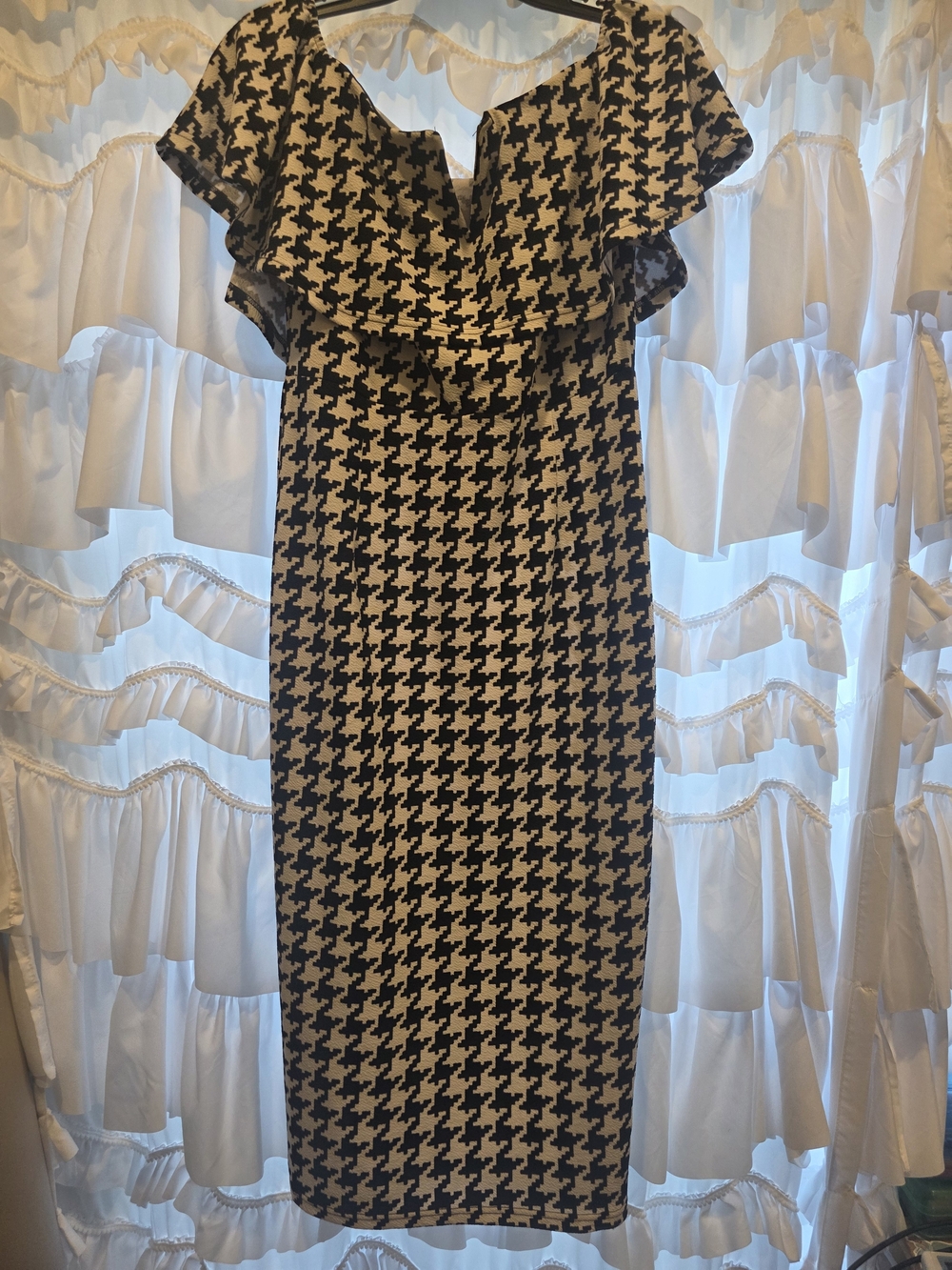 SHEIN Black & White Houndstooth Ruffle-Trim Midi Dress - Picture 1 of 6
